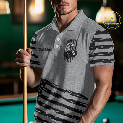 Personalized Grey US Flag Eagle Billiard Shirts For Men Custom Patriotic Billiard Pool Jerseys TDM2221