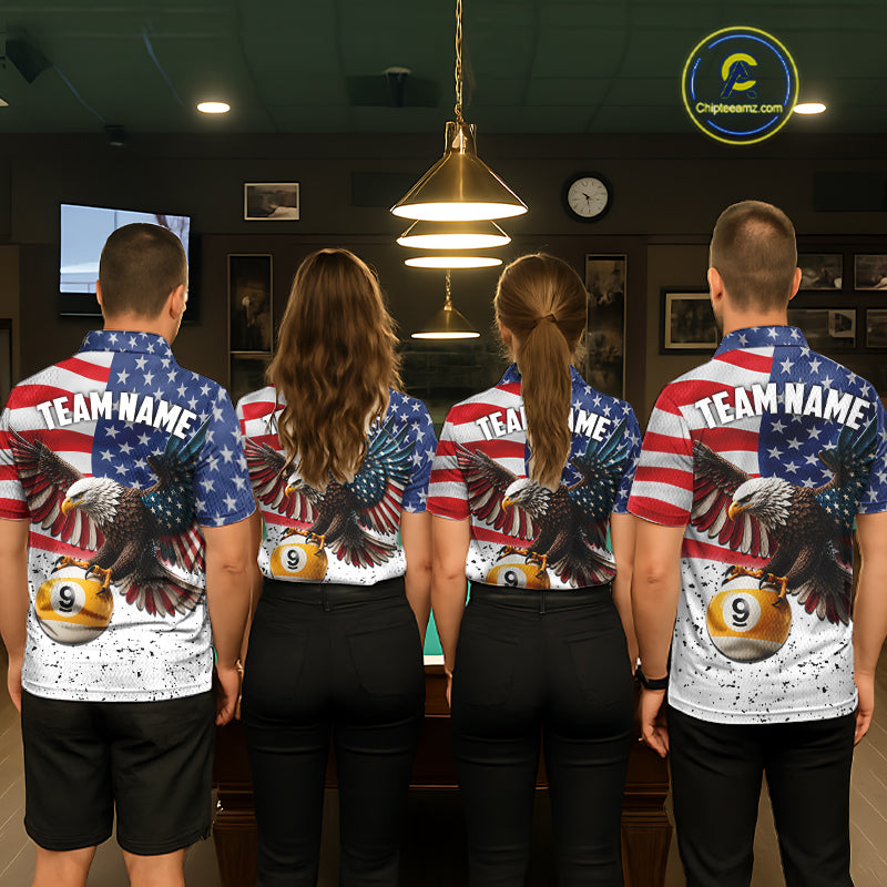 White Grunge American Flag Eagle 9 Ball Billiard Shirts For Men Custom Patriotic Pool Team Jersey TDM7244