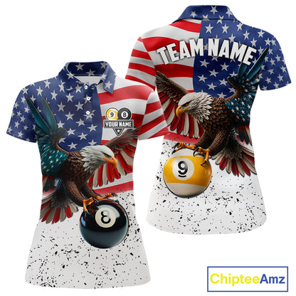 Custom Grunge American Flag Eagle 8 Ball 9 Ball Billiard Shirts For Women, Patriotic Pool Team Jersey TDM7245