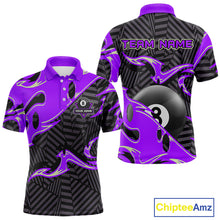 Load image into Gallery viewer, Custom Black Purple 8 Ball Tribal Flame Billiard Shirt For Men, Pool Team Jersey Polo &amp; 1/4 Zip TDM5723