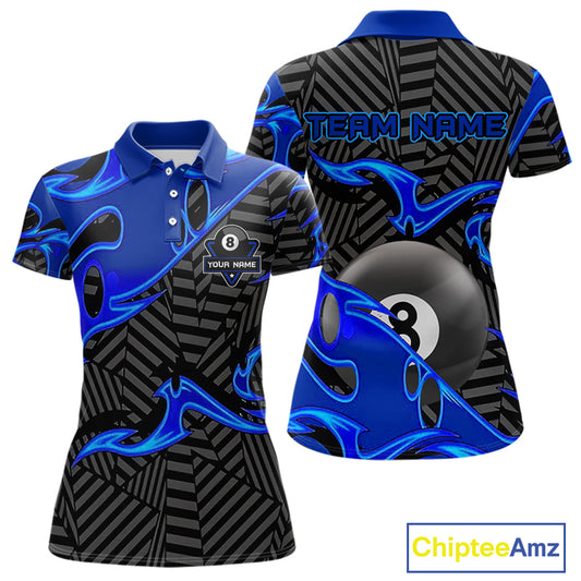 Custom Black And Blue 8 Ball Tribal Flame Billiard Shirt For Women, Pool Team Jersey Polo & 1/4 Zip TDM5724