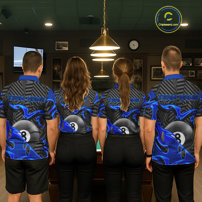 Custom Black And Blue 8 Ball Tribal Flame Billiard Shirt For Men, Pool Team Jersey Polo & 1/4 Zip TDM5724