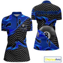 Load image into Gallery viewer, Custom Black And Blue 8 Ball Tribal Flame Billiard Shirt For Women, Pool Team Jersey Polo &amp; 1/4 Zip TDM5724