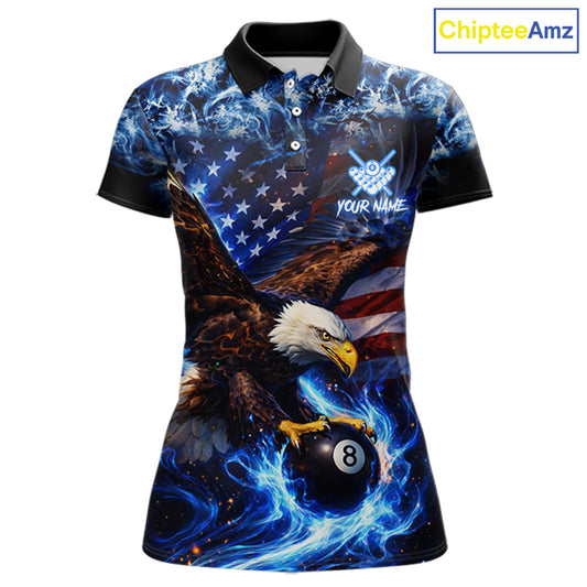 Blue Flaming Eagle 8 Ball Pool Billiard Shirt For Women Custom American Flag Billiard Team Jersey TDM5727