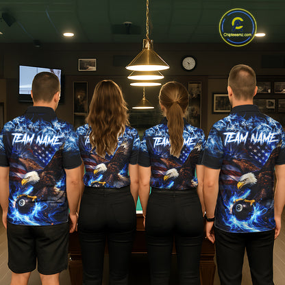 Blue Flaming Eagle 8 Ball Pool Billiard Shirt For Men Custom American Flag Billiard Team Jersey TDM5727