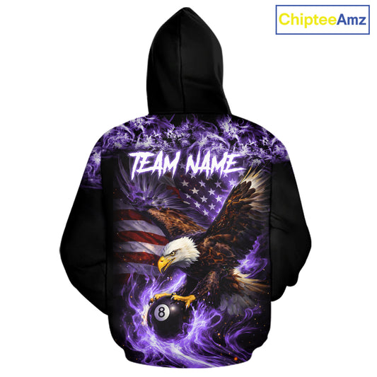 Purple Flaming Eagle 8 Ball Pool Hoodie For Men And Women Custom American Flag Billiard Hoodie TDM5728