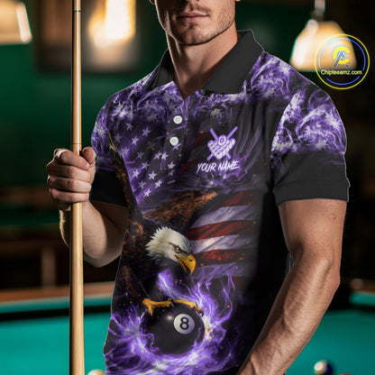 Purple Flaming Eagle 8 Ball Pool Billiard Shirt For Men Custom American Flag Billiard Team Jersey TDM5728