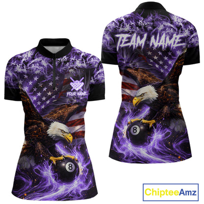 Purple Flaming Eagle 8 Ball Pool Billiard Shirt For Women Custom American Flag Billiard Team Jersey TDM5728