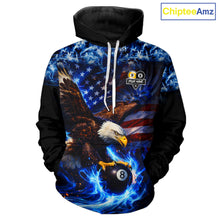 Load image into Gallery viewer, Blue Flaming Eagle 8 Ball 9 Ball Pool Hoodie For Men And Women Custom American Flag Billiard Hoodie TDM5729