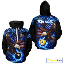 Load image into Gallery viewer, Blue Flaming Eagle 8 Ball 9 Ball Pool Hoodie For Men And Women Custom American Flag Billiard Hoodie TDM5729