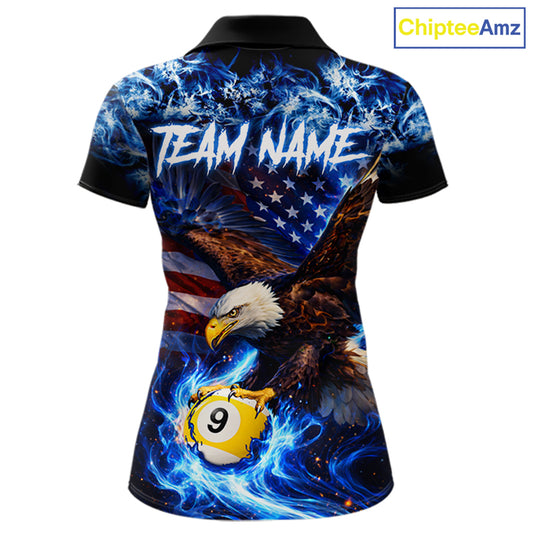 Blue Flaming Eagle 8 Ball 9 Ball Pool Billiard Shirt For Women Custom American Flag Billiard Jersey TDM5729