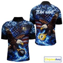Load image into Gallery viewer, Blue Flaming Eagle 8 Ball 9 Ball Pool Billiard Shirt For Men Custom American Flag Billiard Jersey TDM5729