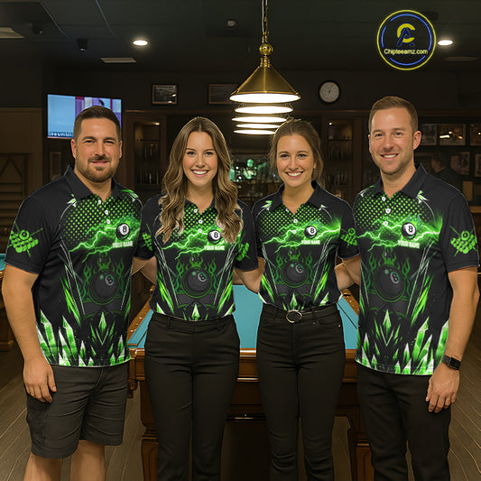 Custom Green Icy Lightning 8 Ball Pool Men Quarter-Zip Shirts, Billiard Team League Jersey TDM1443