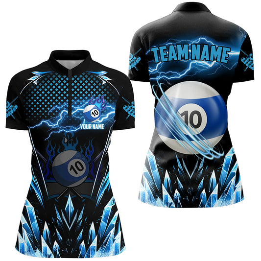 Custom Blue Icy Lightning 10 Ball Pool Women Quarter-Zip Shirts, Billiard Team League Jersey TDM1446