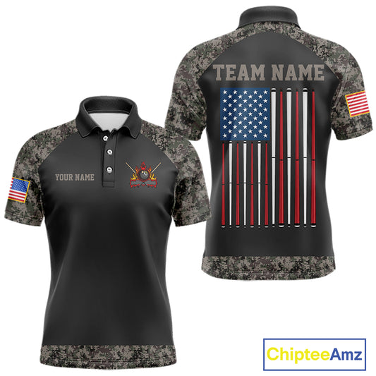 Personalized Retro Camo US Flag Billiard Shirt For Men, 8 Ball Pool Team Jersey Polo & 1/4 Zip TDM6336