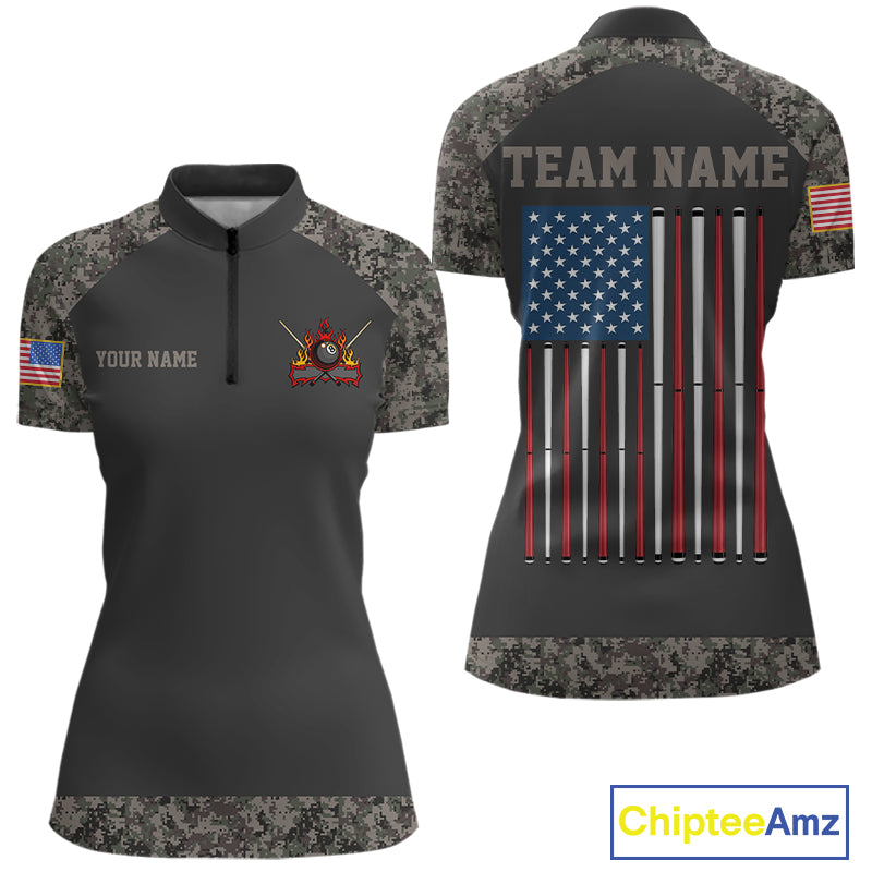 Personalized Retro Camo US Flag Billiard Shirt For Women, 8 Ball Pool Team Jersey Polo & 1/4 Zip TDM6336