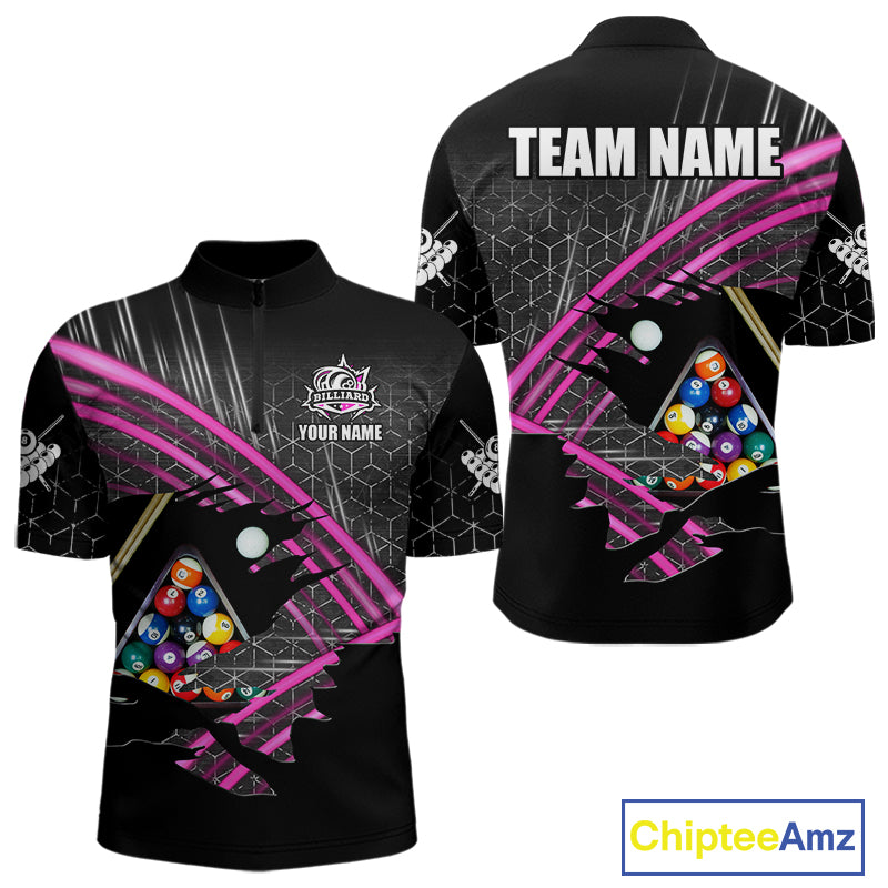Personalized Billiard Shirts For Men Custom 8 Ball Pool Team Jersey Polo & Quarter Zip | Pink TDM6339