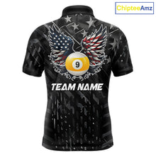 Load image into Gallery viewer, Black US Flag 9 Ball Pool Wings Billiard Shirt For Men Custom Billiard Team Jersey Polo &amp; 1/4 Zip TDM6340