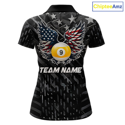 Black US Flag 9 Ball Pool Wings Billiard Shirt For Women Custom Billiard Team Jersey Polo & 1/4 Zip TDM6340