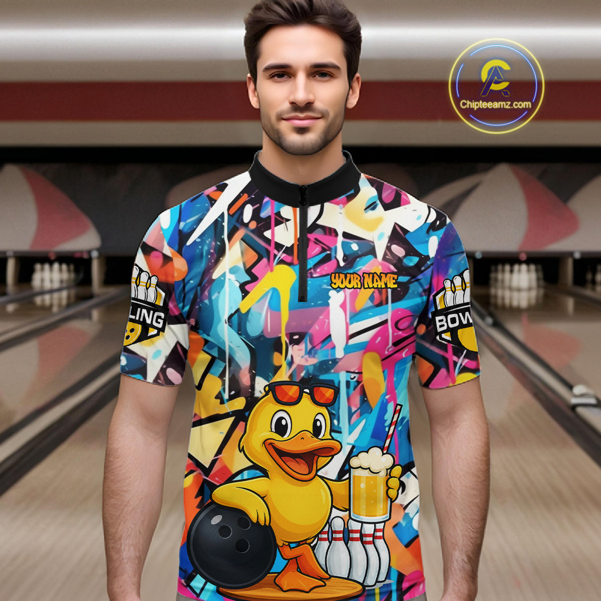 Funny Duck Colorful Graffiti Bowling Shirts For Men, Best Bowling Team Jersey Polo & 1/4 Zip TDM6514