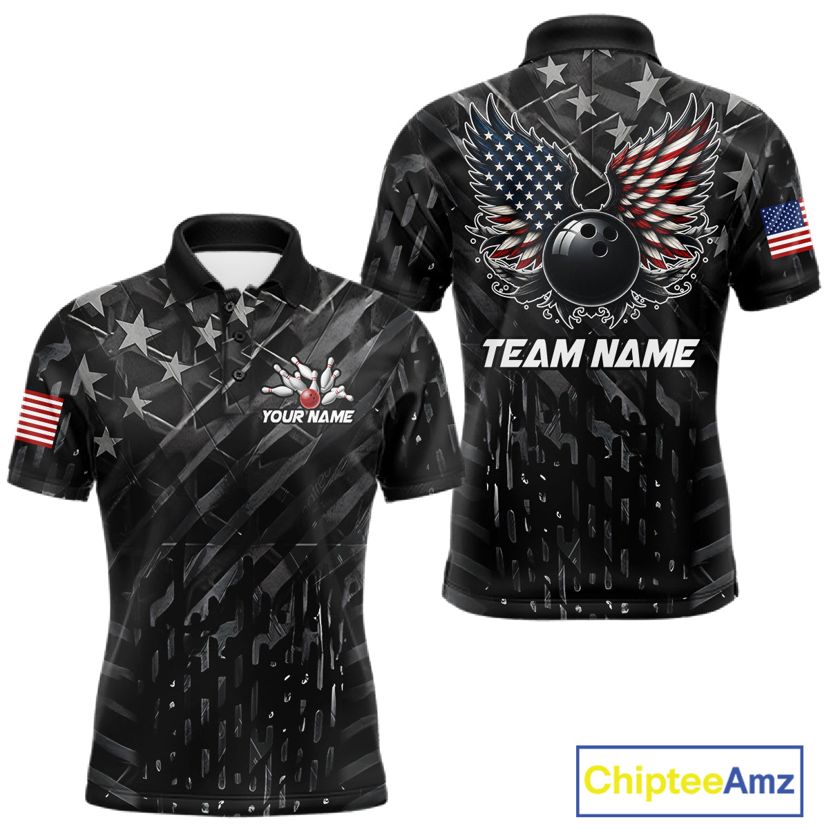 Black American flag wings bowling polo shirt for men with patriotic team graphics.
