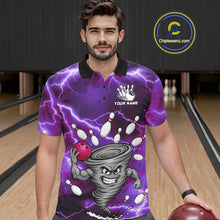 Load image into Gallery viewer, Man wearing a purple thunder lightning tornado bowling polo shirt at a bowling alley front view.