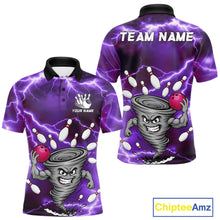 Load image into Gallery viewer, Purple thunder lightning tornado bowling polo shirt for men with custom bowling team graphics.