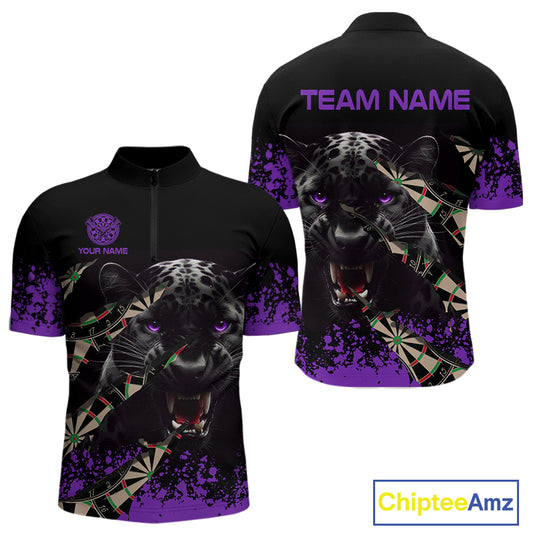Black And Purple Grunge Panther Darts Shirt Polo & Quarter Zip For Men Custom Darts Team Jersey TDM4583