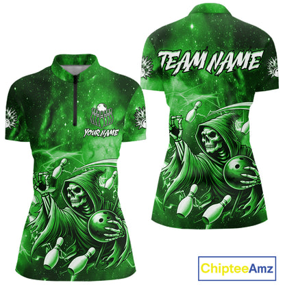 Funny Green Grim Reaper Galaxy Bowling Shirt For Women Custom Bowling Team Jersey Polo & 1/4 Zip TDM7247