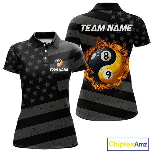 Black US Flag Yin-Yang 8 Ball & 9 Ball Custom Billiard Shirts For Women, Billiard Team Jersey TDM5460