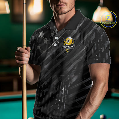 Black US Flag 9 Ball Fire Billiard Shirt For Men Custom Pool Team Billiard Jersey Polo & 1/4 Zip TDM5461