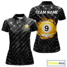 Load image into Gallery viewer, Black US Flag 9 Ball Fire Billiard Shirt For Women Custom Pool Team Billiard Jersey Polo &amp; 1/4 Zip TDM5461