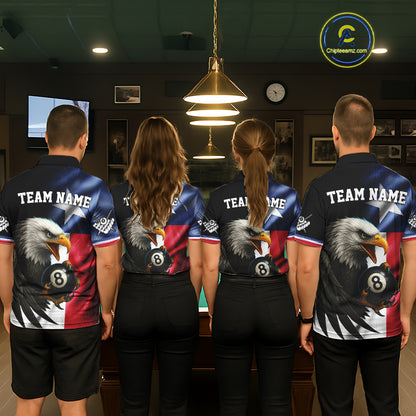 Texas Flag Eagle 8 Ball Men's Billiard Polo & 1/4 Zip Custom Patriotic Team Billiard Pool Jersey TDM5464