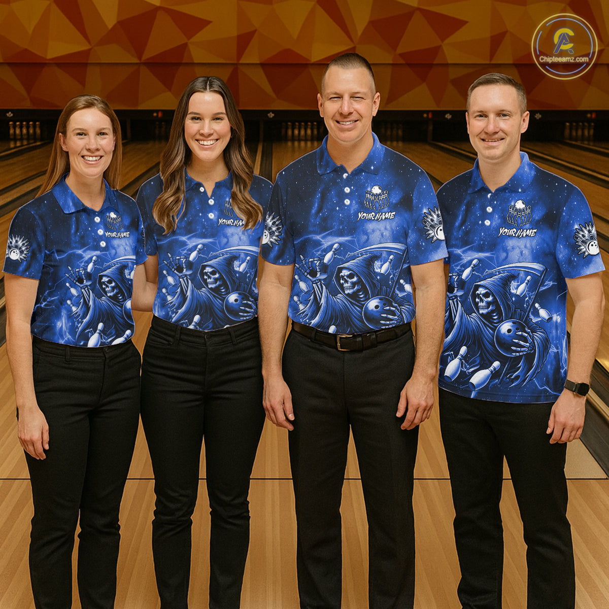 Funny Blue Grim Reaper Galaxy Bowling Shirt For Men Custom Bowling Team Jersey Polo & 1/4 Zip TDM6079
