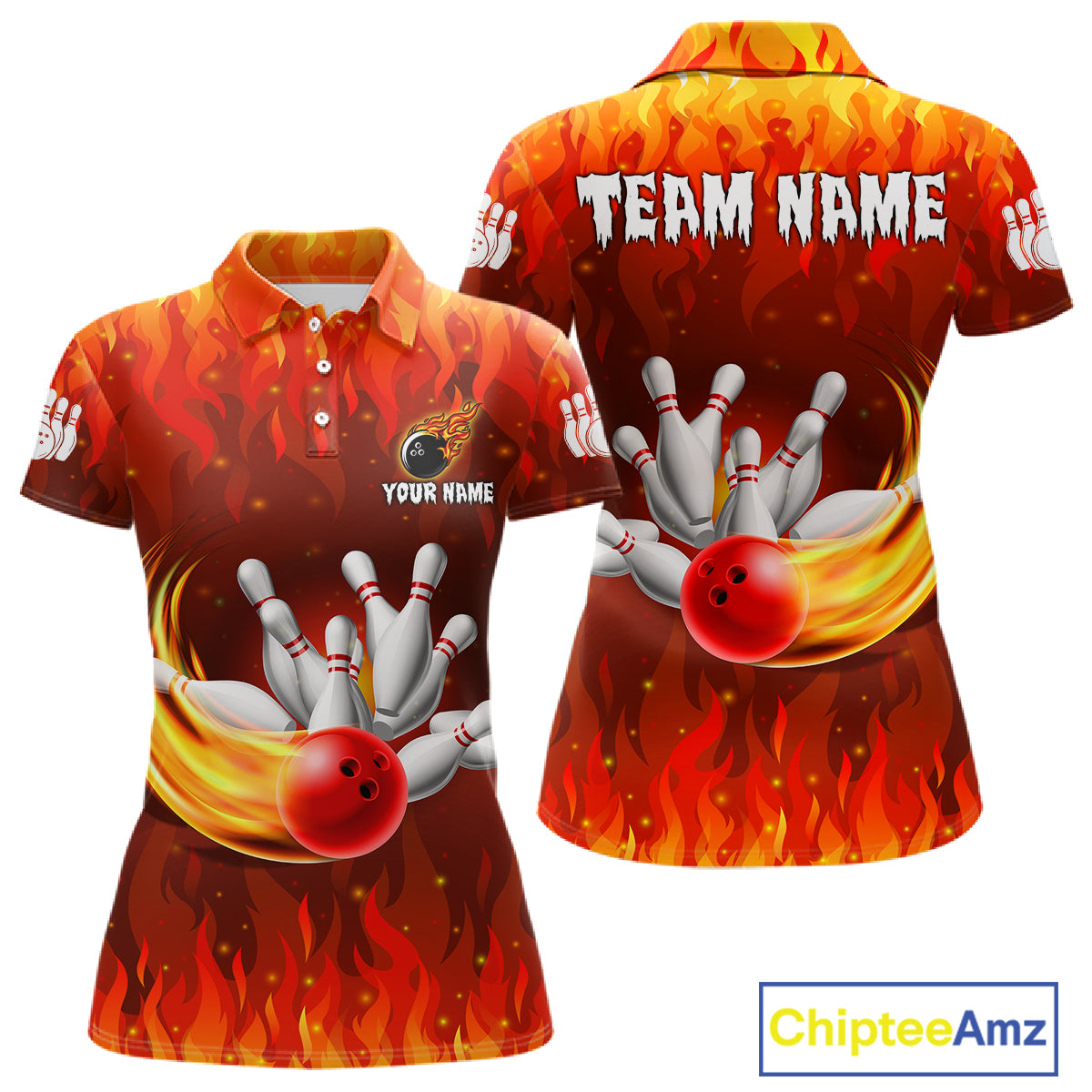 Personalized Flame Red Bowling Shirt For Women Custom Fire Bowling Team Jersey Polo & 1/4 Zip TDM6089