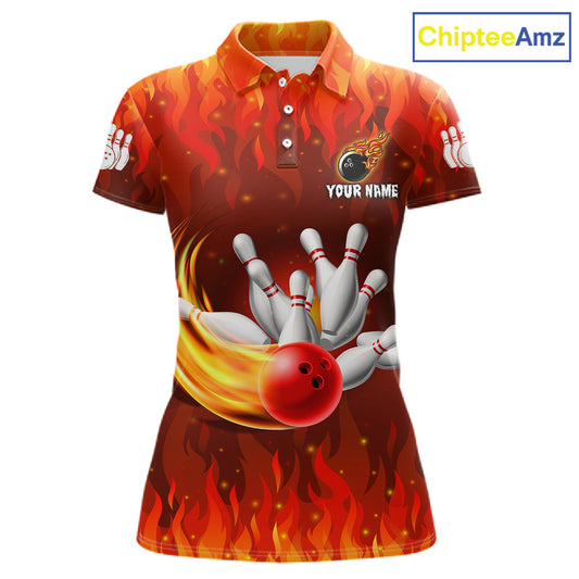 Personalized Flame Red Bowling Shirt For Women Custom Fire Bowling Team Jersey Polo & 1/4 Zip TDM6089