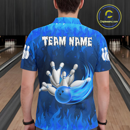 Personalized Flame Blue Bowling Shirt For Men Custom Fire Bowling Team Jersey Polo & 1/4 Zip TDM6090