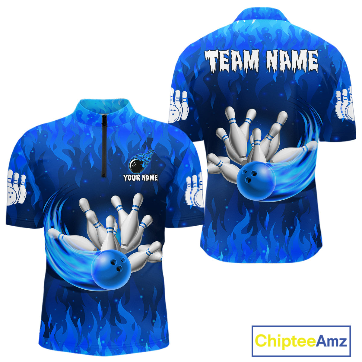 Personalized Flame Blue Bowling Shirt For Men Custom Fire Bowling Team Jersey Polo & 1/4 Zip TDM6090