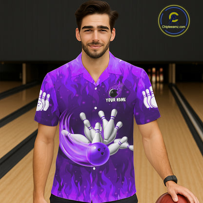 Personalized Flame Purple Hawaiian Bowling Shirt For Women Custom Fire Bowling Team Jersey TDM6091