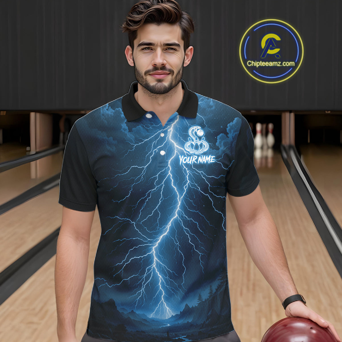 Custom Blue Lightning Cobra Snake Bowling Shirt For Men, Bowling Team Jersey Polo & 1/4 Zip TDM6350