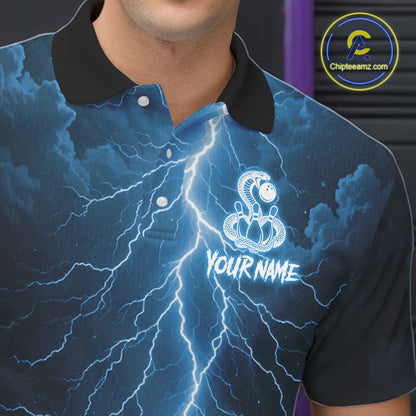 Custom Blue Lightning Cobra Snake Bowling Shirt For Men, Bowling Team Jersey Polo & 1/4 Zip TDM6350