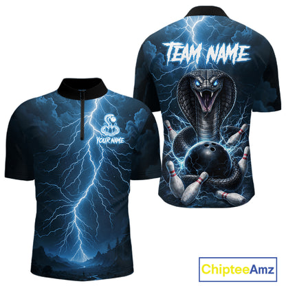 Custom Blue Lightning Cobra Snake Bowling Shirt For Men, Bowling Team Jersey Polo & 1/4 Zip TDM6350