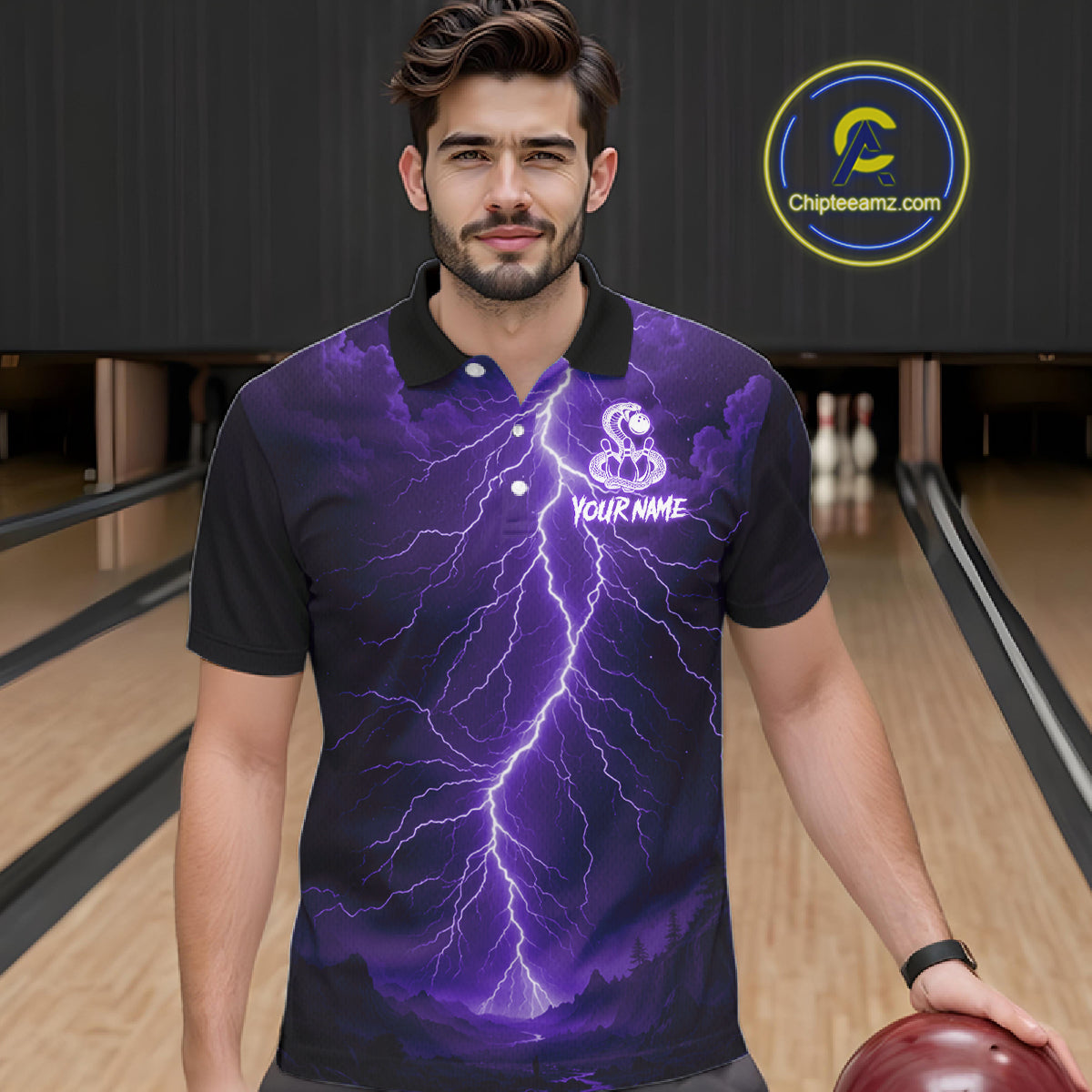 Custom Purple Lightning Cobra Snake Bowling Shirt For Men, Bowling Team Jersey Polo & 1/4 Zip TDM6351