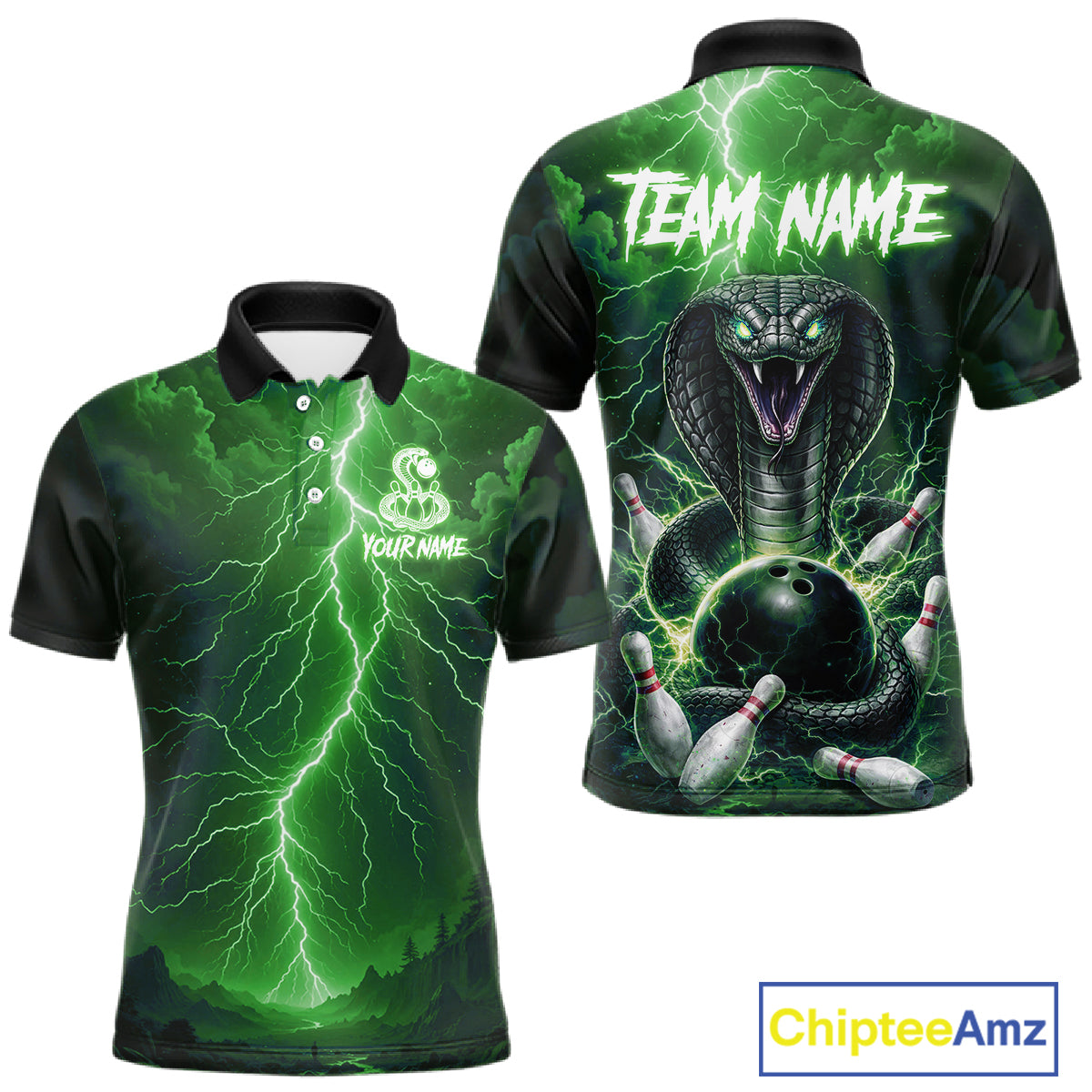 Custom Green Lightning Cobra Snake Bowling Shirt For Men, Bowling Team Jersey Polo & 1/4 Zip TDM6352
