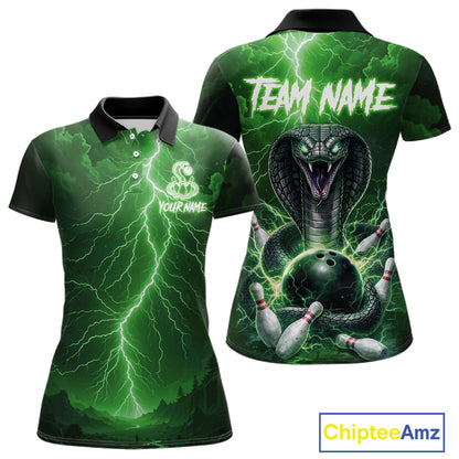 Custom Green Lightning Cobra Snake Bowling Shirt For Women, Bowling Team Jersey Polo & 1/4 Zip TDM6352