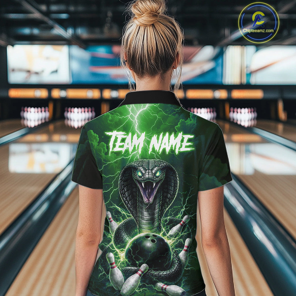 Custom Green Lightning Cobra Snake Bowling Shirt For Women, Bowling Team Jersey Polo & 1/4 Zip TDM6352