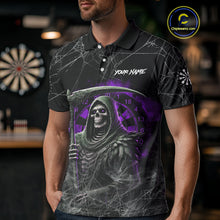 Load image into Gallery viewer, Black And Purple Smoke Grim Reaper Funny Dart Shirts For Men Custom Dart Jerseys, Darts Clothing TDM4006