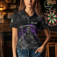 Load image into Gallery viewer, Black And Purple Smoke Grim Reaper Funny Dart Shirts For Women Custom Dart Jerseys, Darts Clothing TDM4006