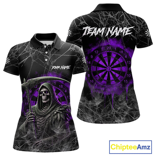 Black And Purple Smoke Grim Reaper Funny Dart Shirts For Women Custom Dart Jerseys, Darts Clothing TDM4006
