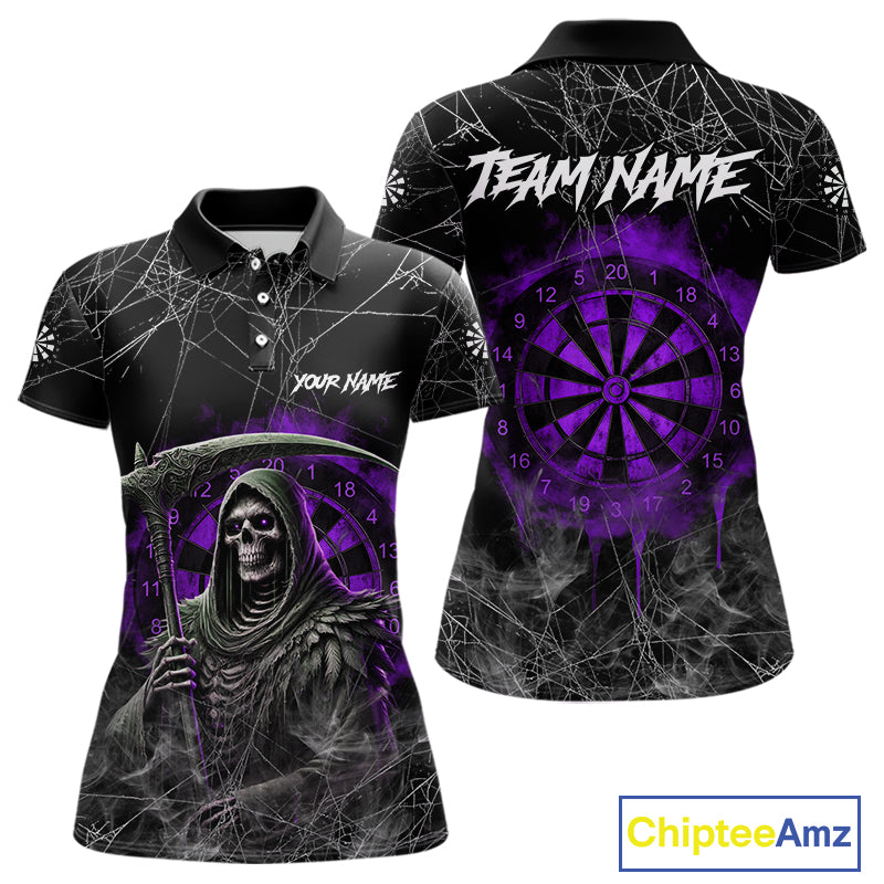 Black And Purple Smoke Grim Reaper Funny Dart Shirts For Women Custom Dart Jerseys, Darts Clothing TDM4006